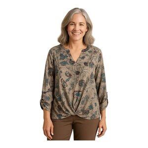 Song n Spirit Floral Hi Lo Top~Size XL~Multi Fall Color Roll Tab Sleeves L3 15